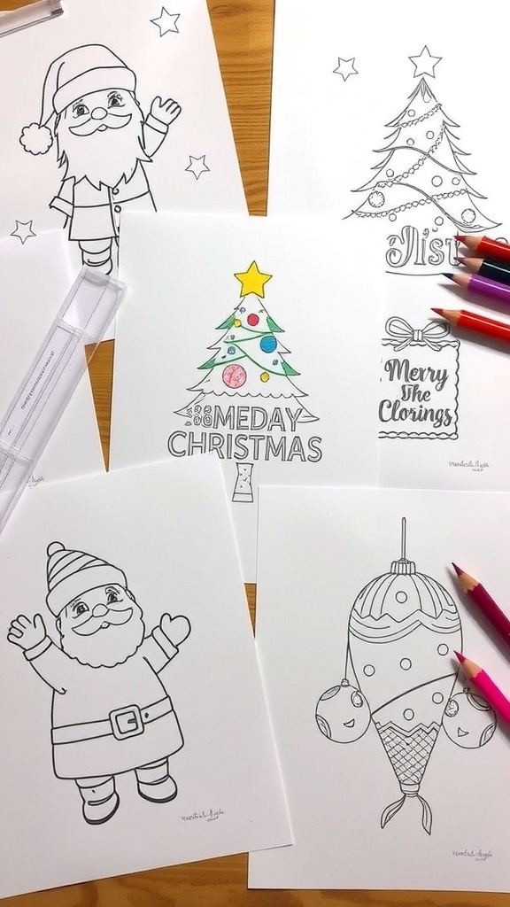 Printable Christmas drawings featuring Santa, a Christmas tree, and ornaments for coloring.